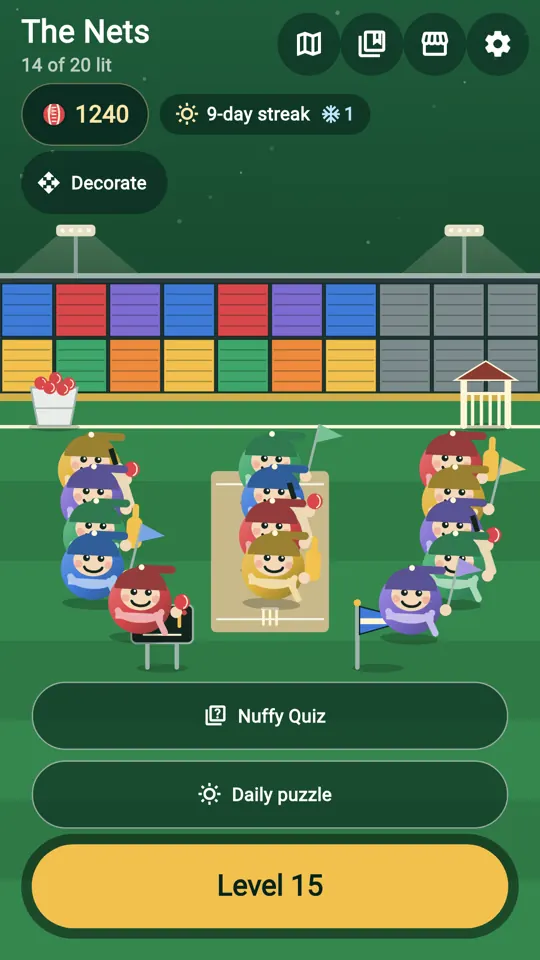 The Nets ground with 14 of 20 blocks of the stands lit, Nuffies on the outfield, a 9-day streak, and buttons for Nuffy Quiz, the daily puzzle and level 15.