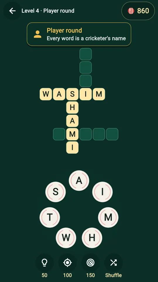 A player round at level 4: the grid shows WASIM and SHAMI, with the letters S, A, I, M, H, W and T on the wheel below.